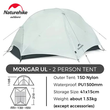 Naturehike Mongar UL Hiking Tent – 1-2 Person Ultralight Waterproof 15D Nylon Backpacking Tent