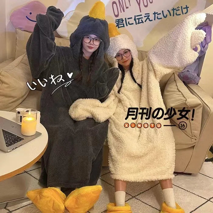 Thick Coral Fleece Goose Hooded Robe - Cute Cartoon Couple Pajamas, Funny Cosplay Nightgown & Cozy Home Sleepwear