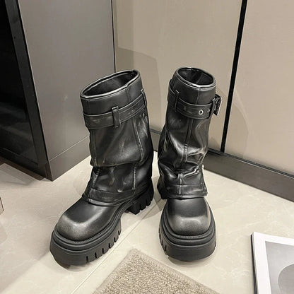 2023 New Women's Mid-Calf Boots – Fashion Belt Buckle, Side Zipper, Round Toe, High Quality
