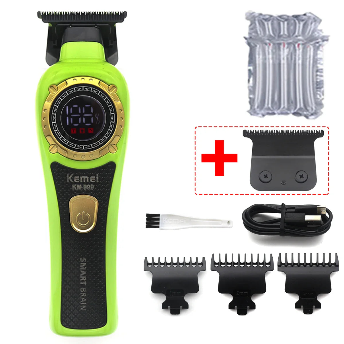 Kemei KM-999 Hair Trimmer for Men – DLC T-Blade, Zero Gapped, LED Display, Cordless USB Professional Hair Clipper
