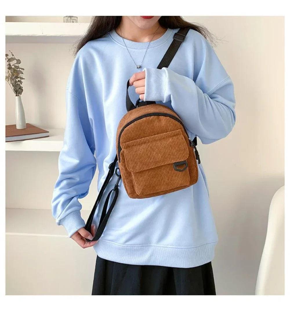 Women's Mini Backpack - Fashionable Solid Color Corduroy Casual Schoolbag with Large Capacity