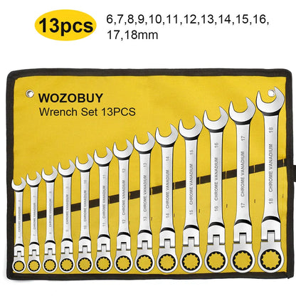 6-22mm Metric Ratcheting Combination Wrench Set – Flex Head Chrome Vanadium Steel Spanners with Carry Bag