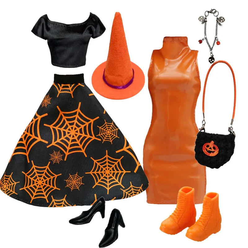 1/6 Doll Halloween Cosplay Outfit – Witch Dress, Cap, Belt, Bag & Broom for 12" BJD / 30cm Dolls