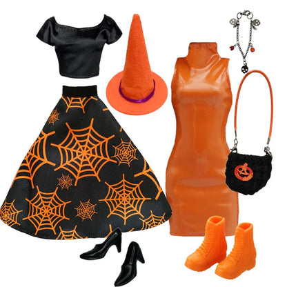 1/6 Doll Halloween Cosplay Outfit – Witch Dress, Cap, Belt, Bag & Broom for 12" BJD / 30cm Dolls