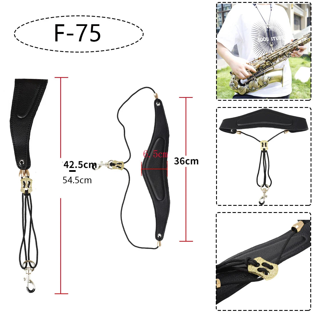 Saxophone Neck Strap - Adjustable Leather Universal Fit for Soprano, Alto, Tenor Sax with Secure Closed Hooks