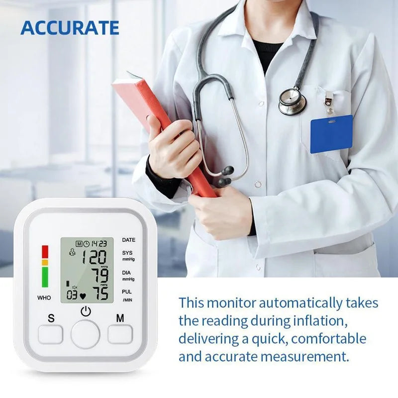 Automatic Tonometer Arm Blood Pressure Monitor – Digital BP Equipment with LED Display and Pressure Sensor Cuff