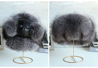 Natural Raccoon & Fox Fur Russian Ushanka Hat – Women’s Black Winter Bomber Cap with Ear Flaps