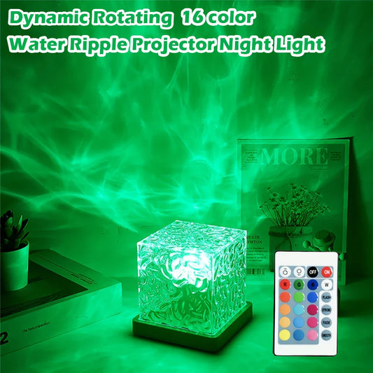 Dynamic Water Ripple Night Light – 16 Color Projector Lamp with USB Remote, Cool LED Ambient Light for Bedroom and Gaming Room Decor