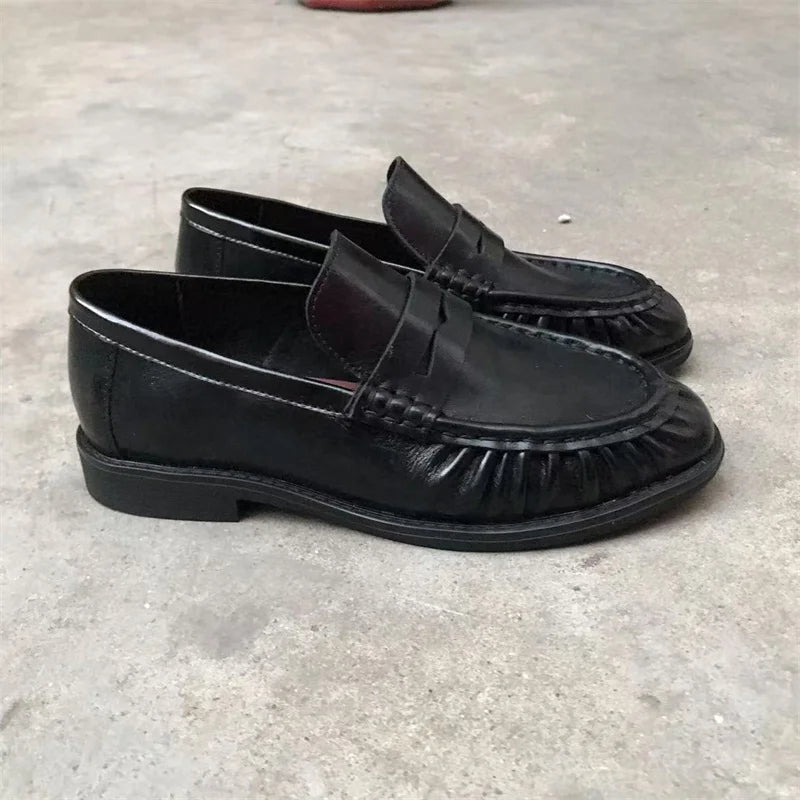 New French Retro Flat Shoes — Handmade Calf Leather, Le Fu Women’s Comfortable Rubber Sole, Casual One-Step Wear