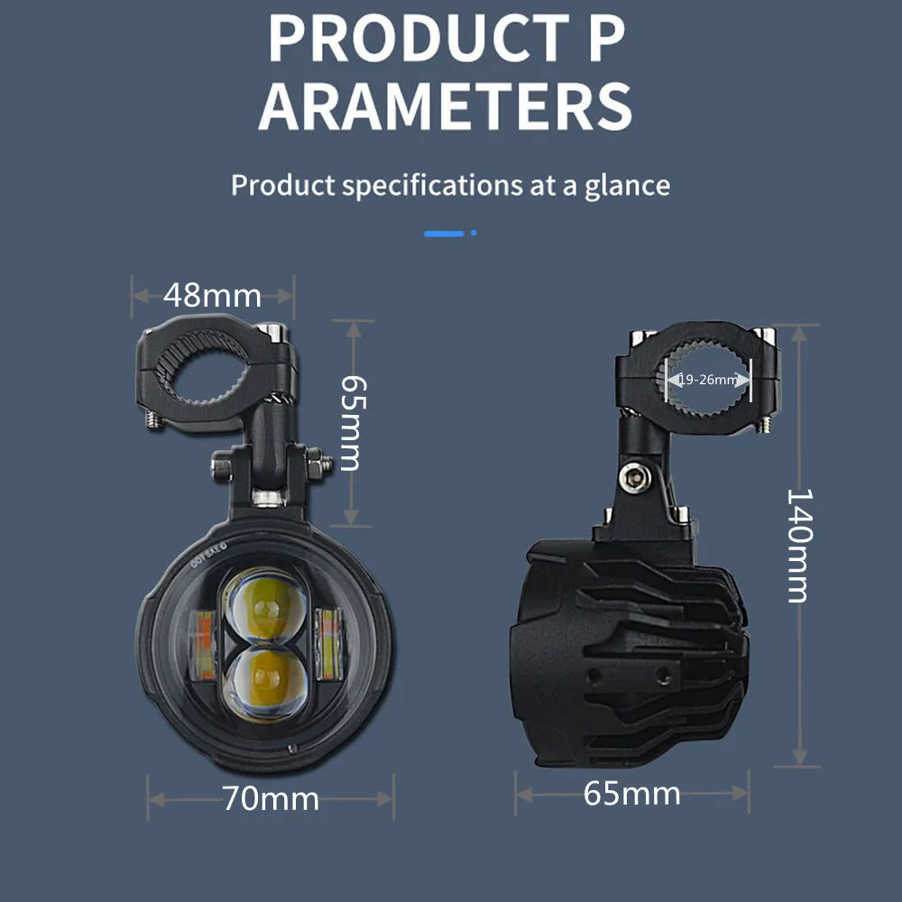 100W Dual Color LED Motorcycle Headlight Fog Lights - Auxiliary Driving Spotlight with Flasher, Pair