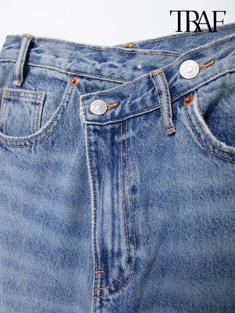 TRAF Women’s Basic Hundred Jeans — High Waist Asymmetric Wide-Leg Trousers, Casual Straight-Leg Fashion Jeans