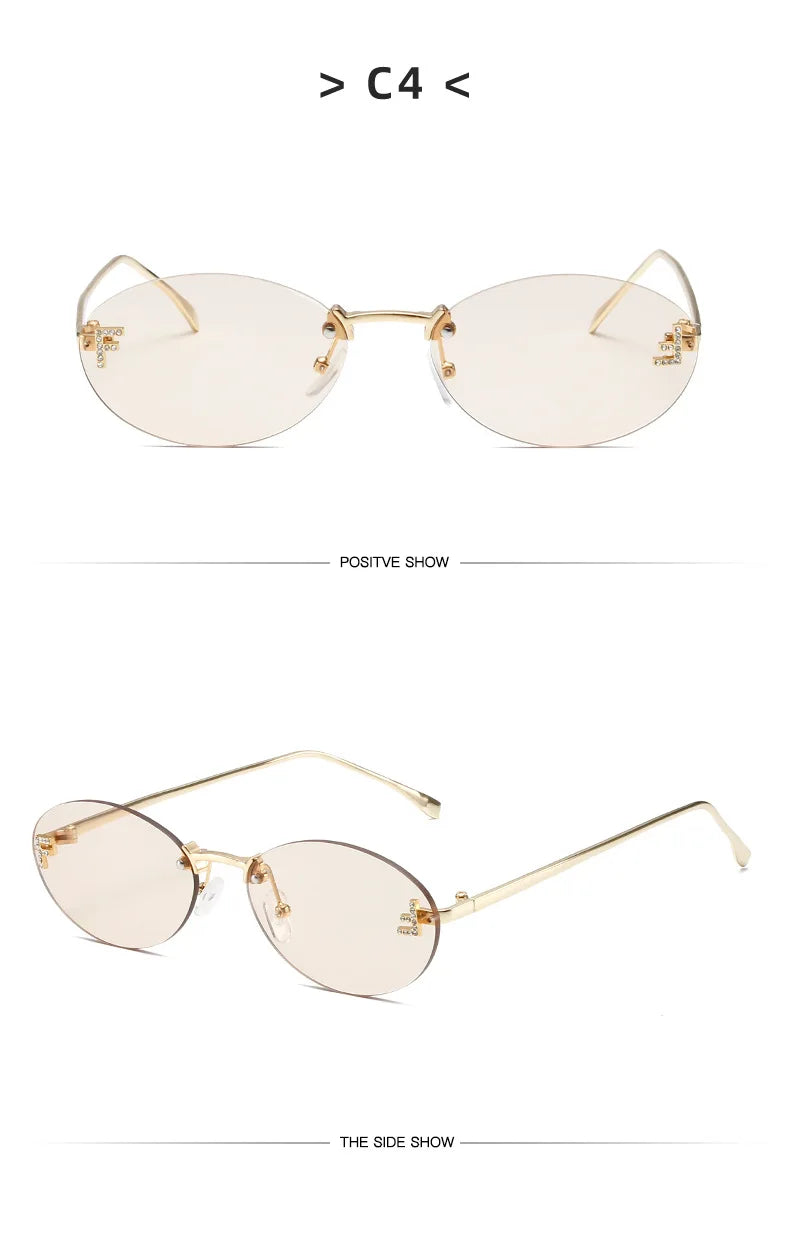 Diamond Letter "F" Rimless Sunglasses | Women’s Luxury Metal Frame Black Oval UV400 Shades