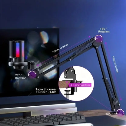 USB RGB Condenser Microphone with Metal Boom Stand – Gaming & Studio Recording Desktop Mic for Esports and Calls