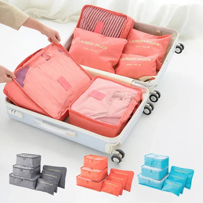 6 Piece Travel Storage Bag Set – Large Capacity Waterproof Luggage and Clothing Bags in Pink, Blue and Grey | Zipper Closure
