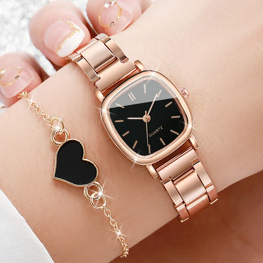 2PCS Women's Watch Set – Fashion Square Stainless Steel Band Quartz Watches with Heart Bracelet