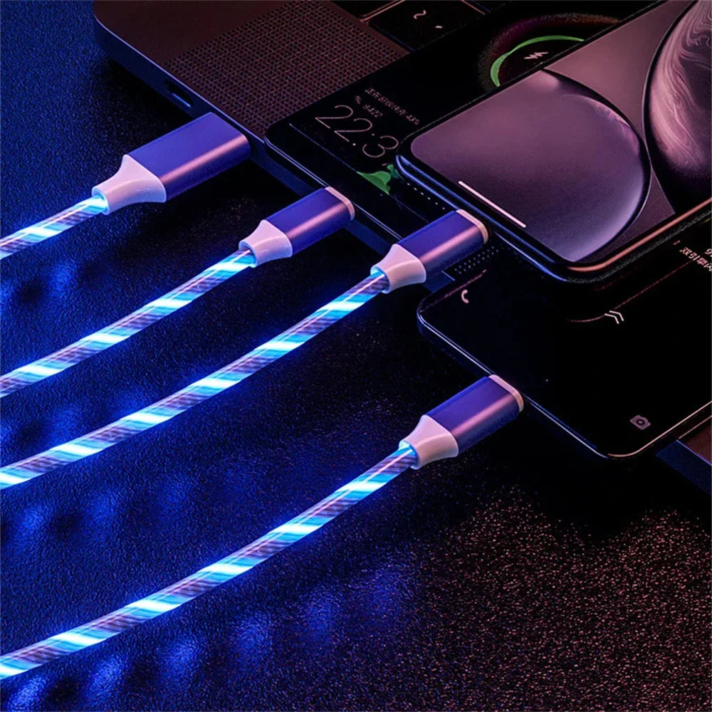 NNBILI 3-in-1 Glowing LED Fast Charging Cable – Luminous USB Type-C Charger for iPhone, Xiaomi & Phones