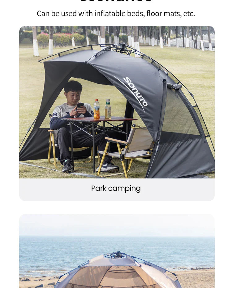 Sonuto Outdoor 3-4P One-Touch Camping Tent – Automatic Quick Open Beach, Fishing, Picnic & Family Travel Tent with Anti-UV Shade