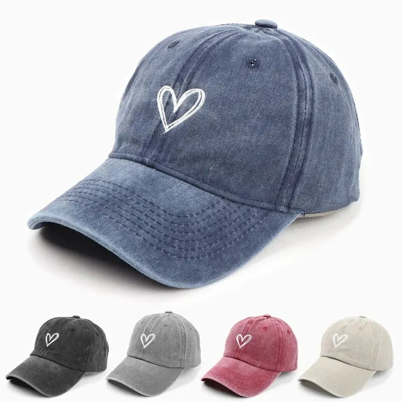 Peach Heart Embroidery Baseball Cap – Washed Soft Top Spring Summer Hat for Men & Women, Unisex Trendy Casual Cap