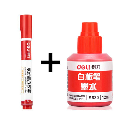 Deli Erasable Whiteboard Marker Pen Set – Dry Erase Office Marker with Ink Bottle, Blue/Black/Red for Whiteboard & Blackboard