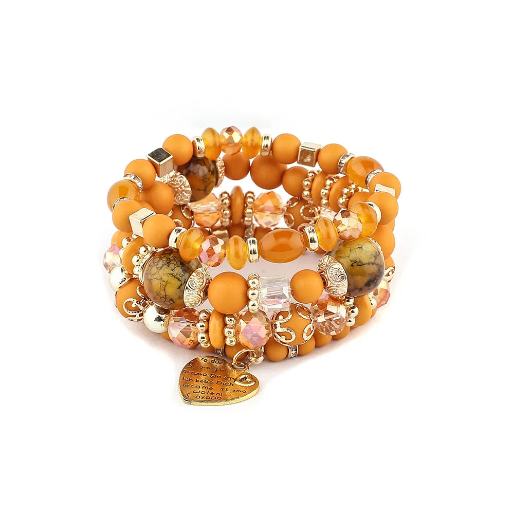 Bohemian Acrylic Beaded Bracelet Set – Solid Heart Charm Elastic Bangles for Women & Men, Retro Daily Wear Jewelry Gift
