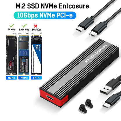 M2 NVMe SSD Enclosure – 10Gbps PCIe SSD Case, Portable USB-C 3.2 Gen2 Adapter with Heat Sink Pad, Tool-Free External Box for M.2 SSD