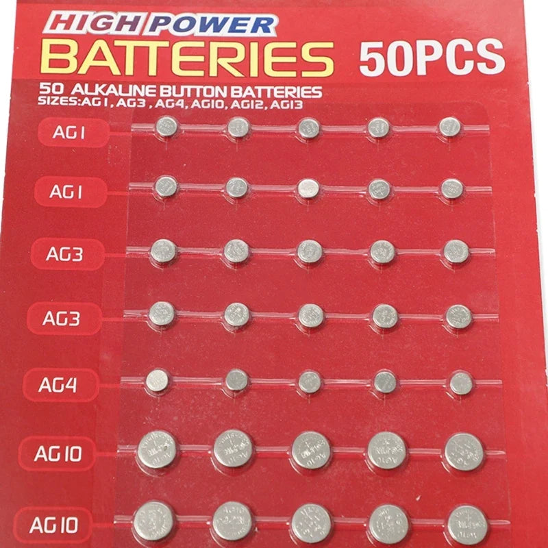 50/100Pcs Mixed Button Coin Cell Battery Set - AG1/AG3/AG4/AG10/AG12/AG13 Batteries for Watch, Toy, Clock, Calculators