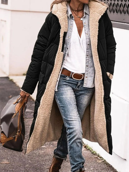 Women's Winter Hooded Quilted Jacket – Reversible Solid Puffer Coat, Thick Long Sleeve Casual Outerwear