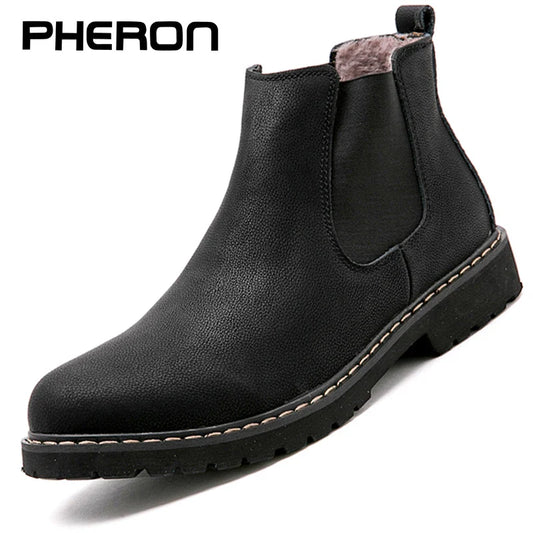 Men’s Winter Chelsea Boots – Black Split Leather Warm Plush Fur Lined Boots
