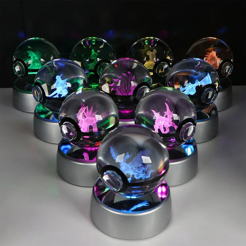 Pokémon 3D Crystal Ball LED Night Light – Pikachu Gengar Eevee Mewtwo Pokéball Base Lamp Kids Birthday & Home Decor Gift