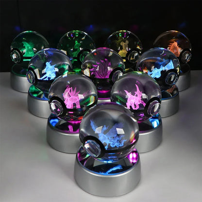 Pokémon 3D Crystal Ball LED Night Light – Pikachu Gengar Eevee Mewtwo Pokéball Base Lamp Kids Birthday & Home Decor Gift