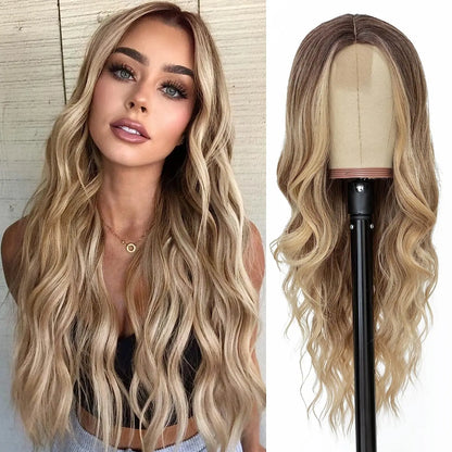 26-Inch Synthetic Ombre Blonde Wavy Wig for Women — Long Middle Part Curly, Heat-Resistant Natural-Look Hair