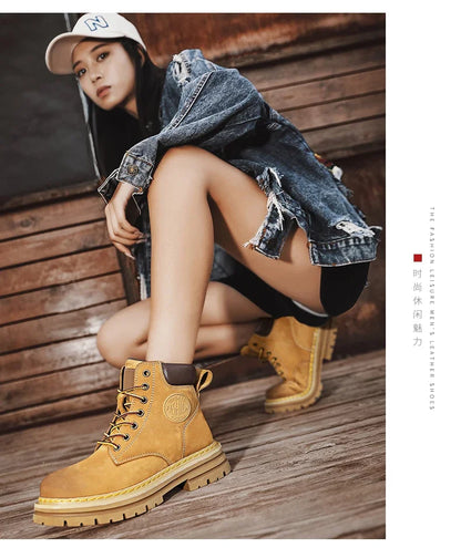High Top Leather Boots for Men & Women – Fashion Lace-Up Outdoor Sneakers, Non-Slip Casual Ankle Shoes for Couples