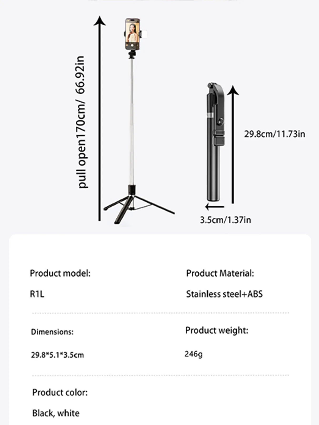 170cm/67in Selfie Stick Tripod – Extendable Aluminum Stand with Fill Light & Bluetooth Remote, Compatible with iPhone & Android
