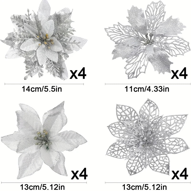 8/16PCS Christmas Decoration Set – Glitter Artificial Flowers for Tree, Home Decor, Xmas Ornaments, and New Year Decoration