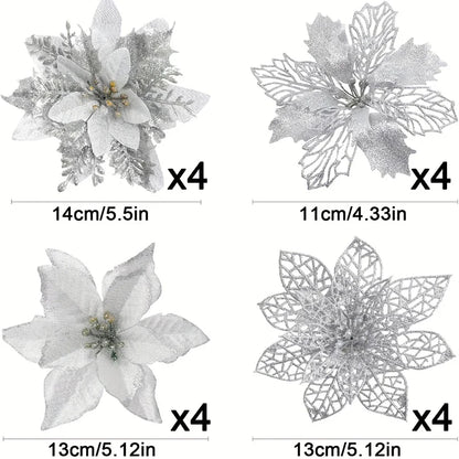 8/16PCS Christmas Decoration Set – Glitter Artificial Flowers for Tree, Home Decor, Xmas Ornaments, and New Year Decoration