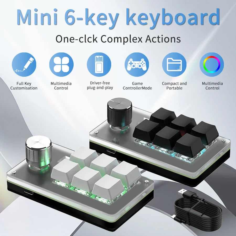 6-Key RGB Macro Programming Keyboard with Knob – Mini Mechanical Custom Gaming Keypad for Photoshop, Editing & Shortcuts