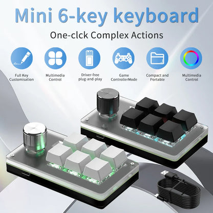 6-Key RGB Macro Programming Keyboard with Knob – Mini Mechanical Custom Gaming Keypad for Photoshop, Editing & Shortcuts