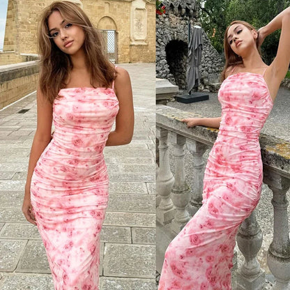 Women’s Floral Ruched Dress - Spaghetti Strap Backless Summer Party & Clubwear Mini Dress