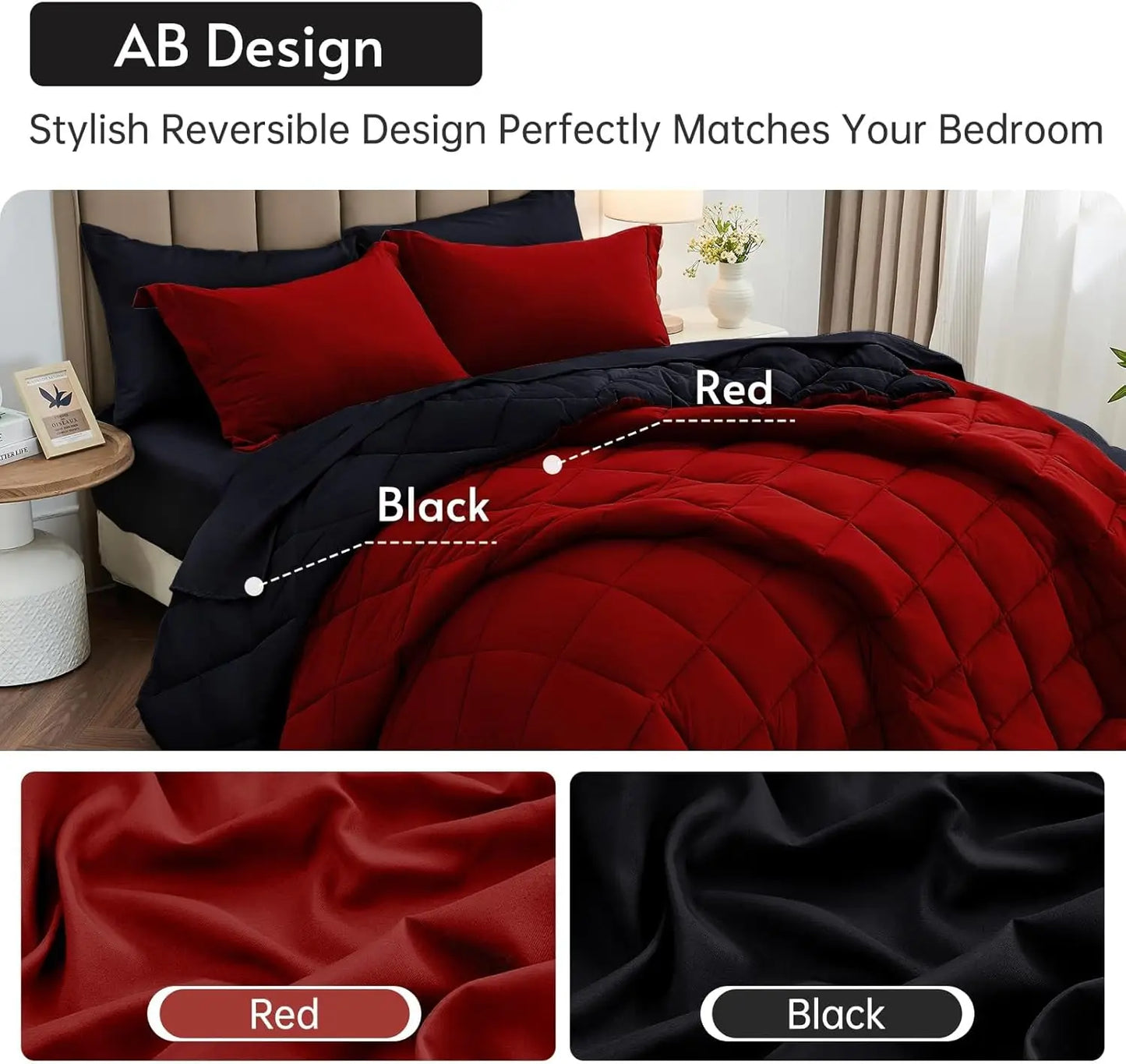Reversible Queen/King Comforter Set – All-Season Bedding with Ultra-Soft Comforter & Pillow Shams, Red & Black