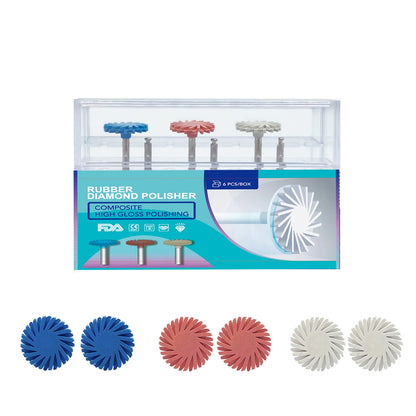 6Pcs Dental Rubber Polisher Composite Resin Polishing Kit | 14mm Wheel Discs with 3 Colors Spiral Flex Brushes