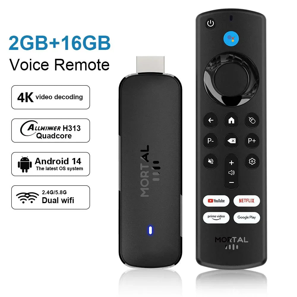 Mortal Q8 Android TV Stick Global Version – Android 14, 8K/4K Streaming, WiFi 6, Voice Remote, Netflix & YouTube Compatible