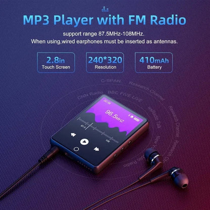 32GB Bluetooth 5.0 MP3 Player - 2.8 Inch Touch Screen, HiFi Music, FM Radio, Speaker, Recorder, EBook & Picture Viewer