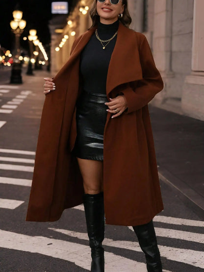 Caramel Brown Wool Blend Coat - Mid-Length Oversized Lapel Outerwear for Fall & Winter