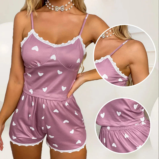 Women’s Lace V-Neck Pajama Set – Printed Suspender Top & Shorts Two-Piece Sleepwear
