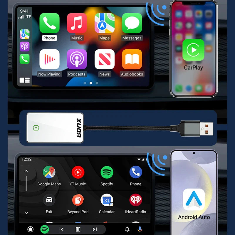 Wired to Wireless 2 in 1 Carplay and Android Auto Adapter - Glass Rearview Mirror Mini AI Box, USB/C Plug & Play for OEM Cars