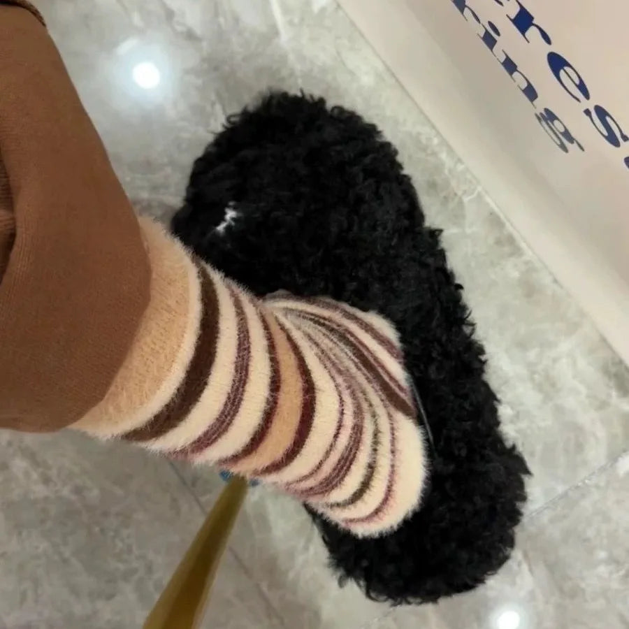 Cartoon Cow Mink Velvet Socks — Cute Cloud Plush Medium Tube Winter Socks for Women, Soft Indoor Stockings