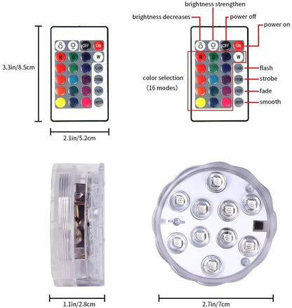 10LED RGB Submersible LED Light – Battery Operated Underwater Night Lamp for Pool, Garden, Wedding & Vase Decorations