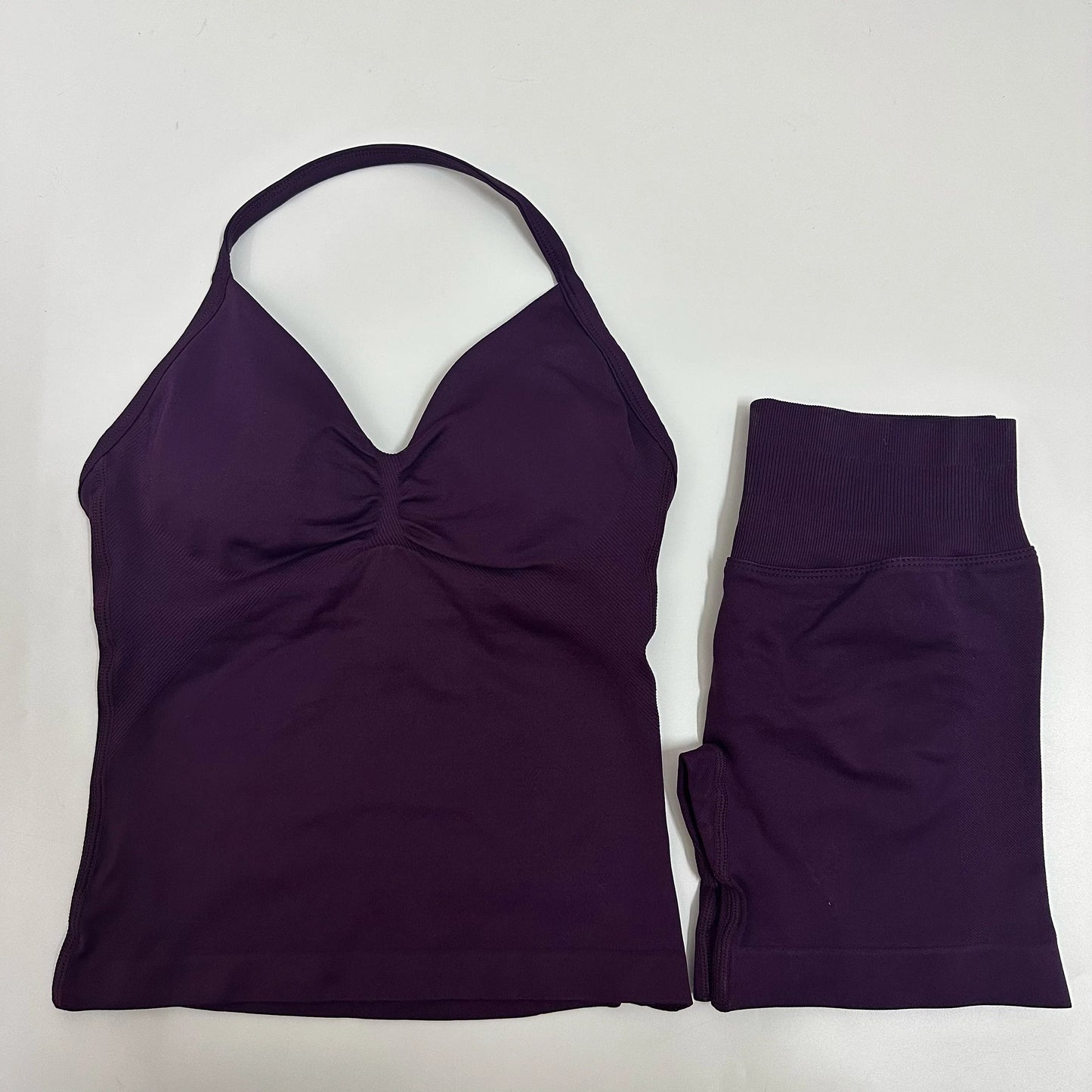 2-Piece Women’s Yoga Set – Seamless Longline Strappy Tank Top & Scrunch Sports Shorts, Summer Workout Gym Outfit
