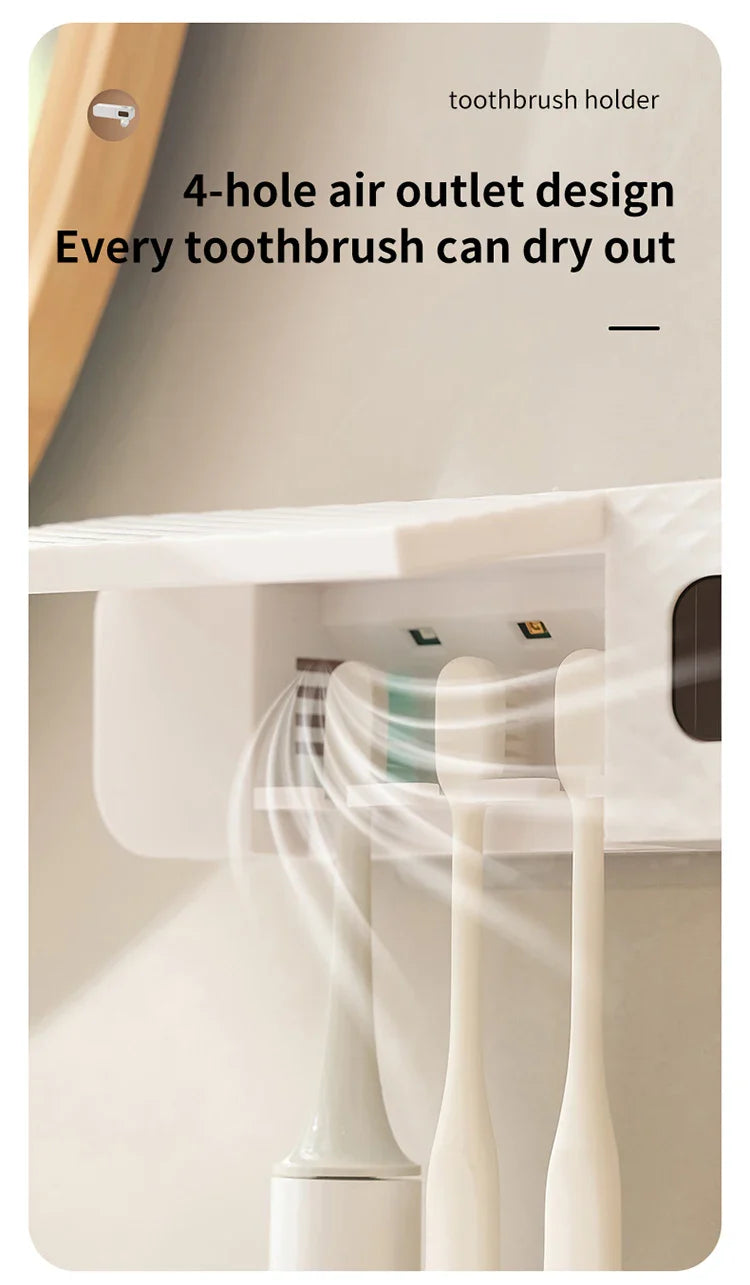 Smart Wall-Mounted Toothbrush Rack – 3-Slot Toothbrush Dryer with Toothpaste Dispenser for Home Use