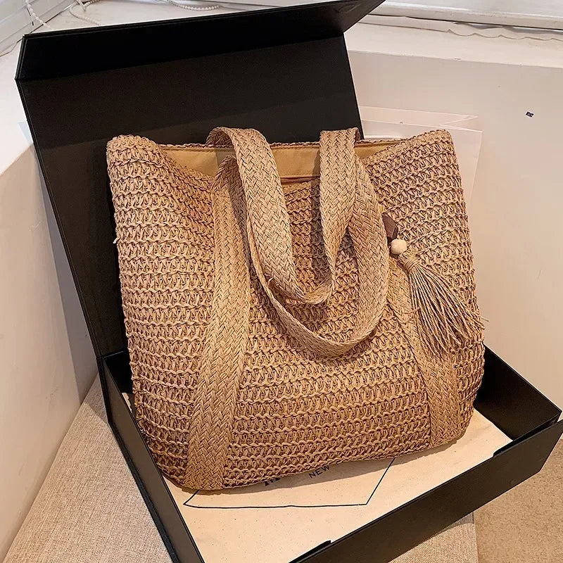 Elegant Straw Woven Handbag – Women’s Retro Beach & Casual Tote Top-Handle Shoulder Bag 2024